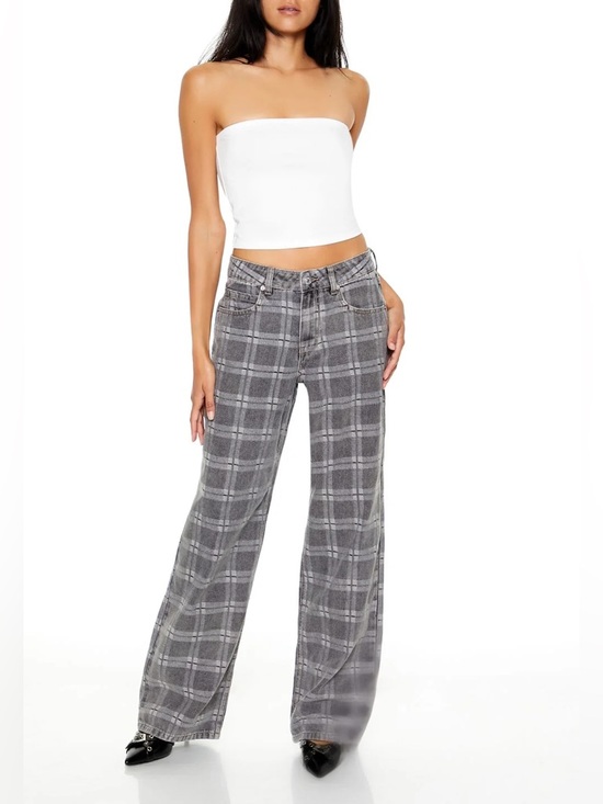 Forever 21 Denim - Forever 21 Plaid Mid-Rise Baggy Wide Leg Denim Jeans - Size 25